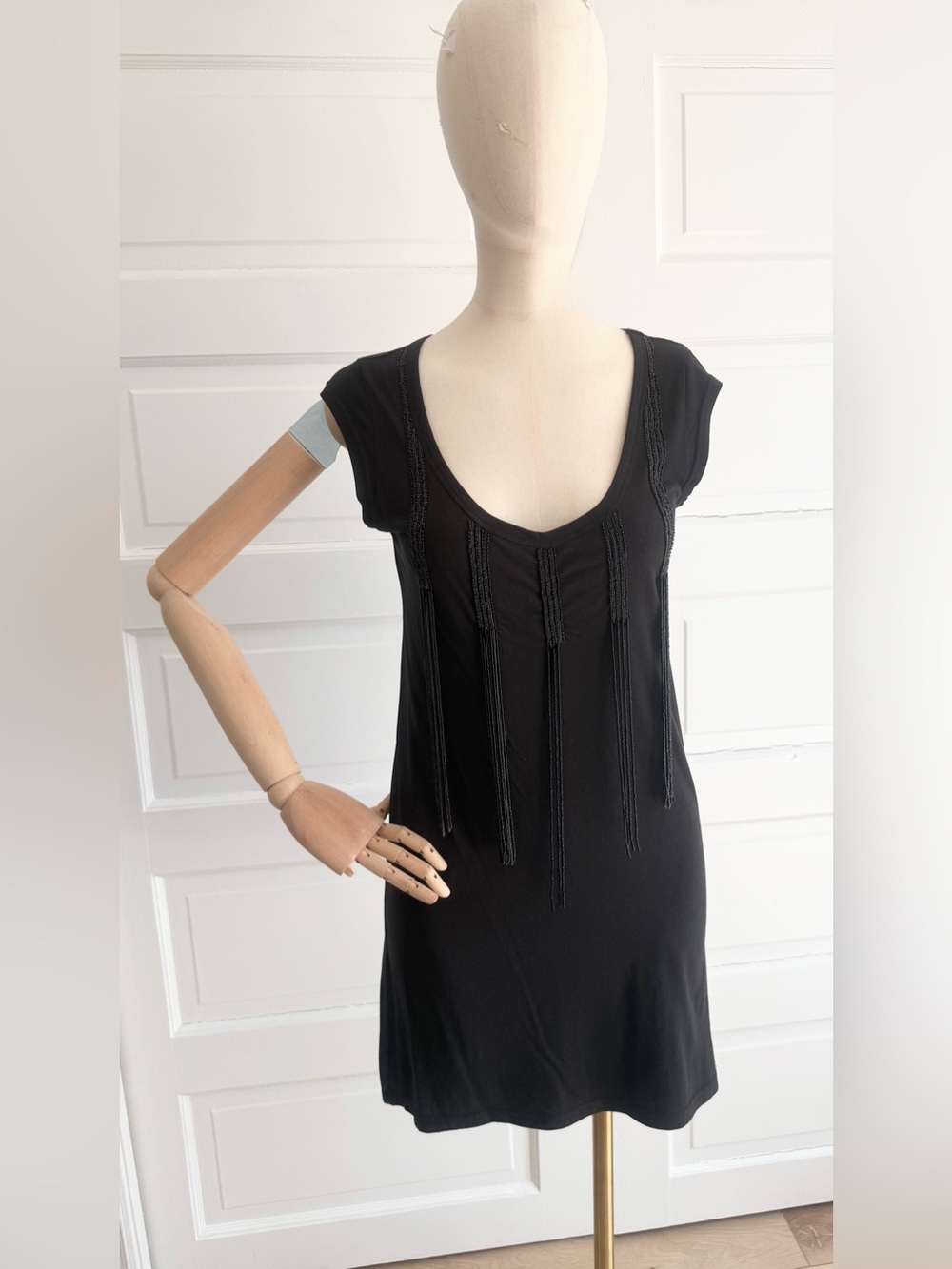DKNY Black Beaded Fringe T-Shirt Dress